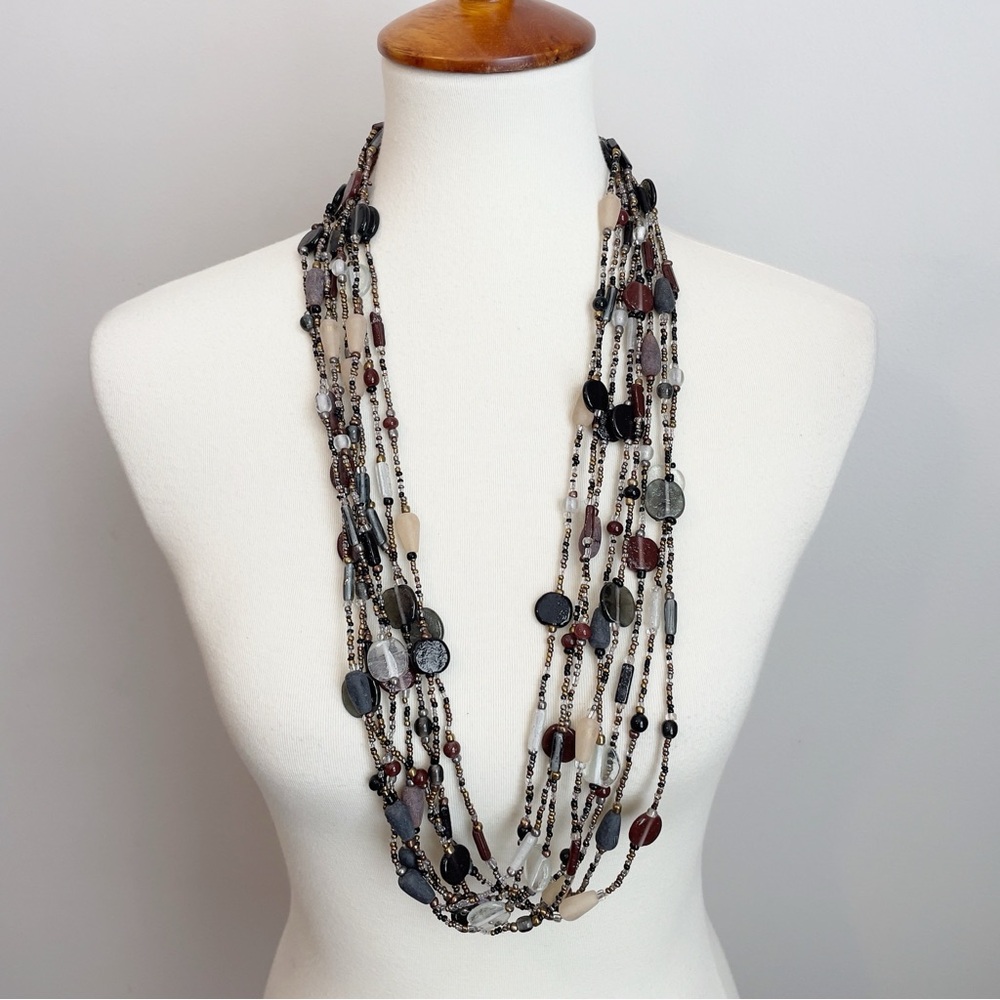 Seed Bead Necklace Black Red White Multi Strand No Clasp Long NWOT